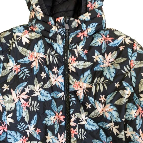 QLZ Girls Sz 12 Reversible Puffer Jacket Quilted Hooded Black / Tropical - Picture 13 of 16